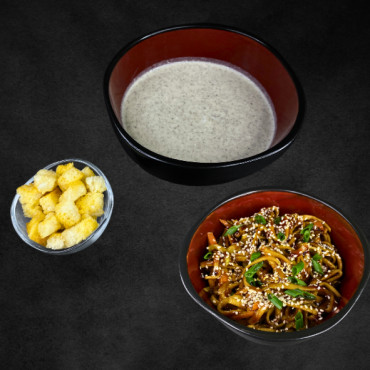 Lunch with Chicken Udon and Mushroom Soup