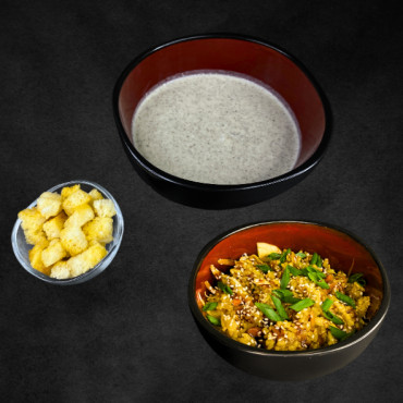 Lunch with Rice and Chicken and Mushroom Soup